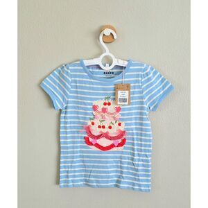 NWT Mini Boden Puff Sleeve Appliqué T-shirt Vintage Blue/ivory Cake, 5/6